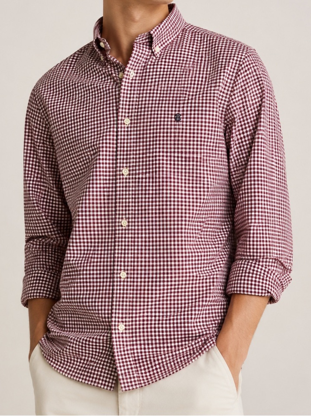 Red Gingham Button-Down Shirt Classic Preppy